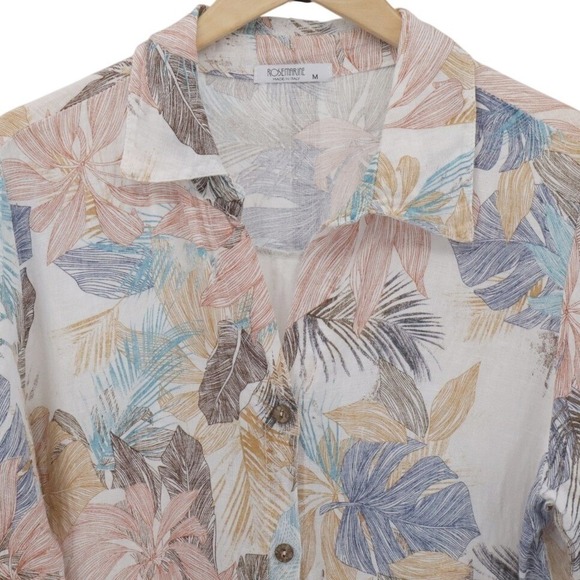Rosemarine Linen Floral Shirt Dress Button Front Roll Tab Italy Size M - Picture 5 of 11